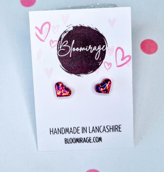 Galaxy Glitter Love Heart Micro Stud Earrings | Valentines Day | Handmade Jewellery