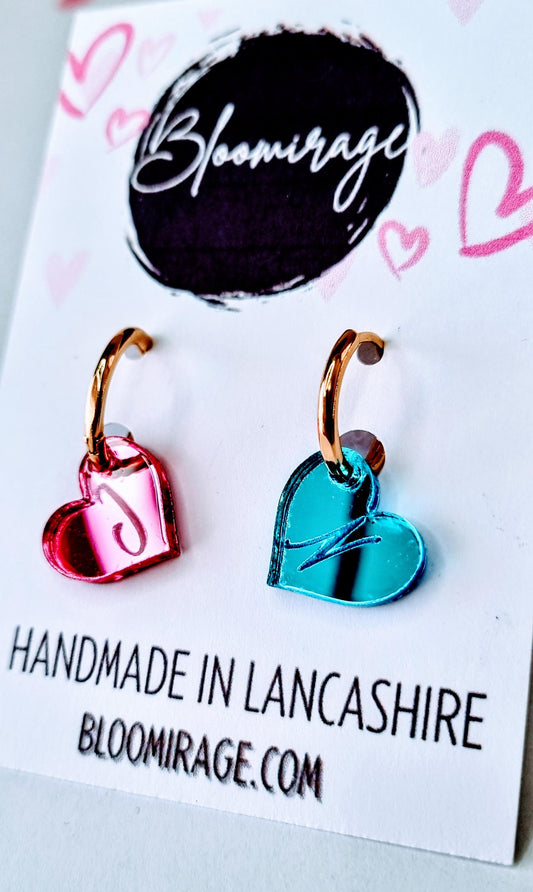 Personalised Love Heart Earrings | Mirrored Acrylic | Valentines Day | Handmade Jewellery