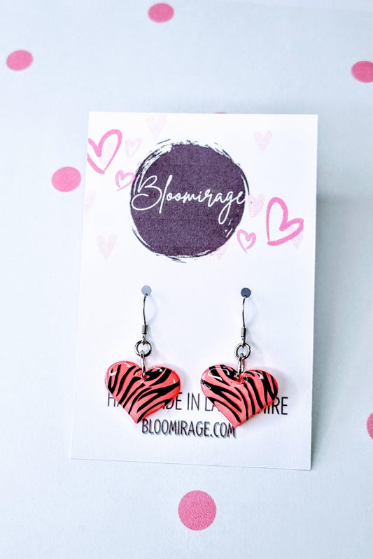 Zebra Print Pink Love Heart Earrings | Valentines Day | Handmade Jewellery