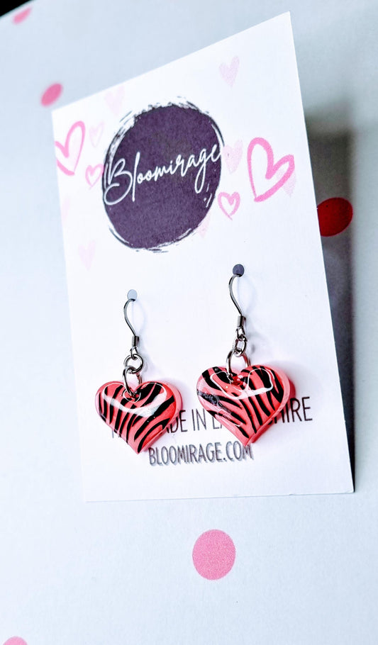 Zebra Print Pink Love Heart Earrings | Valentines Day | Handmade Jewellery