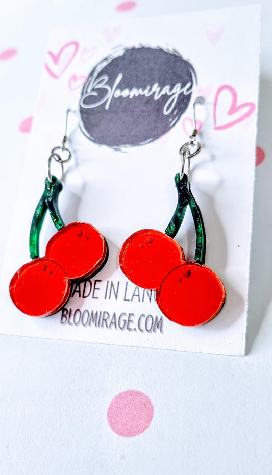 Cherry Mirrored Engraved Earrings | Valentines Day | Handmade Jewellery