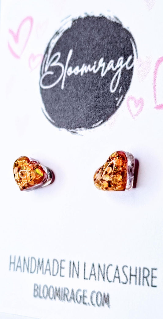 Gold Glitter Love Heart Micro Stud Earrings | Valentines Day | Handmade Jewellery