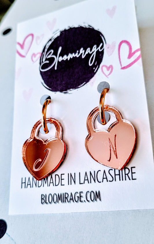 Personalised Love Lock Heart Earrings | Rose Gold Acrylic | Valentines Day | Handmade Jewellery