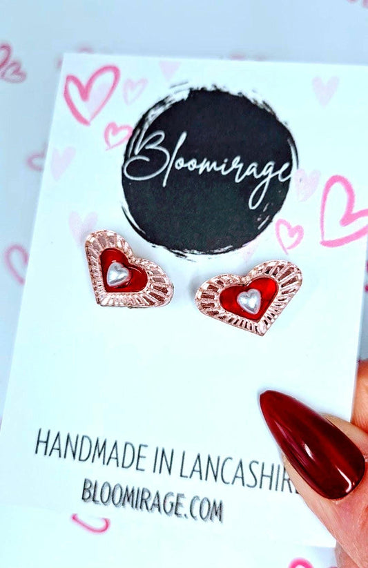 Rose Gold 3D Heart Stud Earrings | Handmade Hypoallergenic Valentines Jewellery