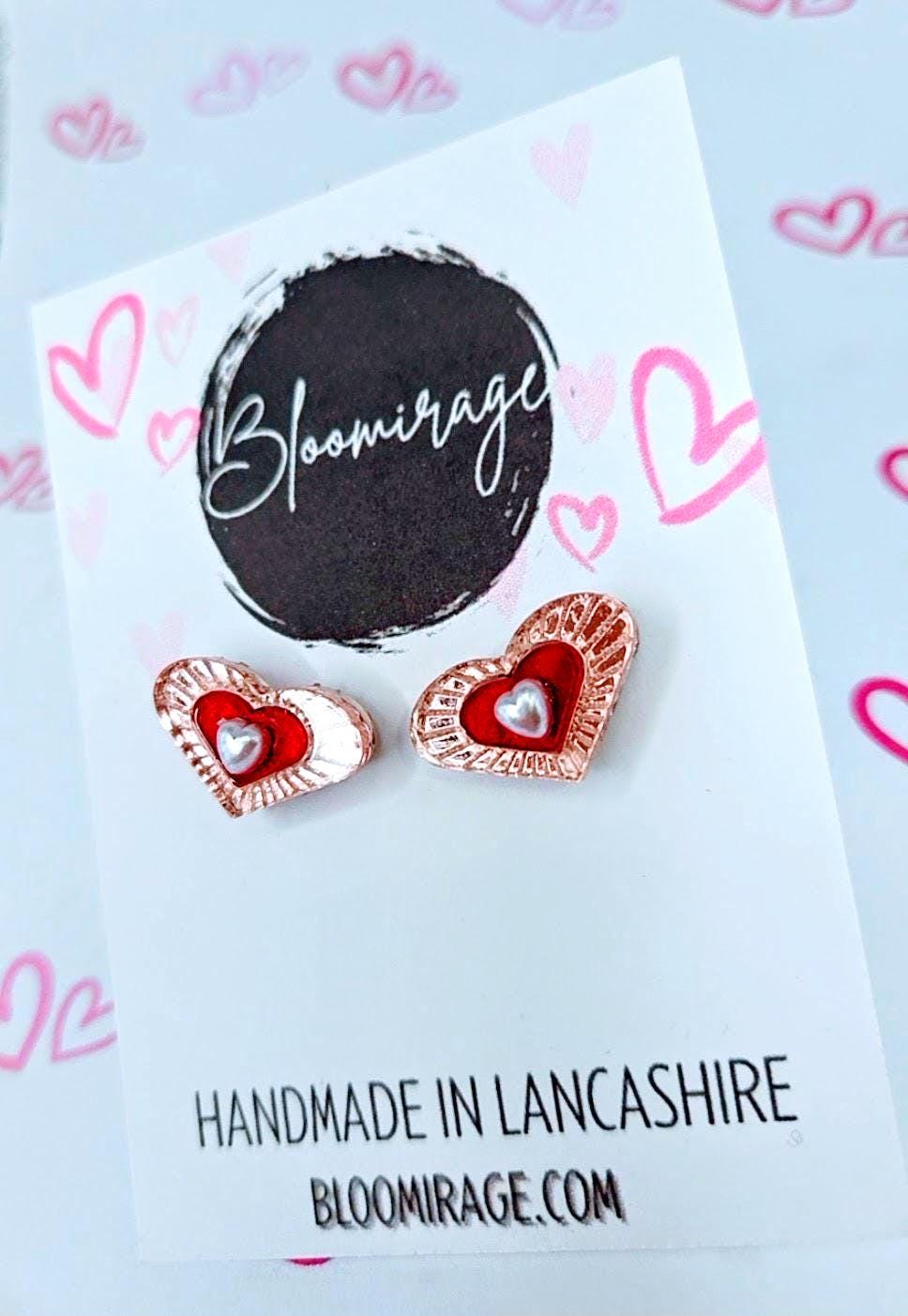 Rose Gold 3D Heart Stud Earrings | Handmade Hypoallergenic Valentines Jewellery
