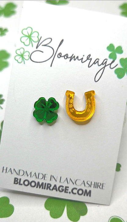 Shamrock & Lucky Horseshoe Mismatch Stud Earrings | St Patricks Day | Irish Theme | Handmade Jewellery