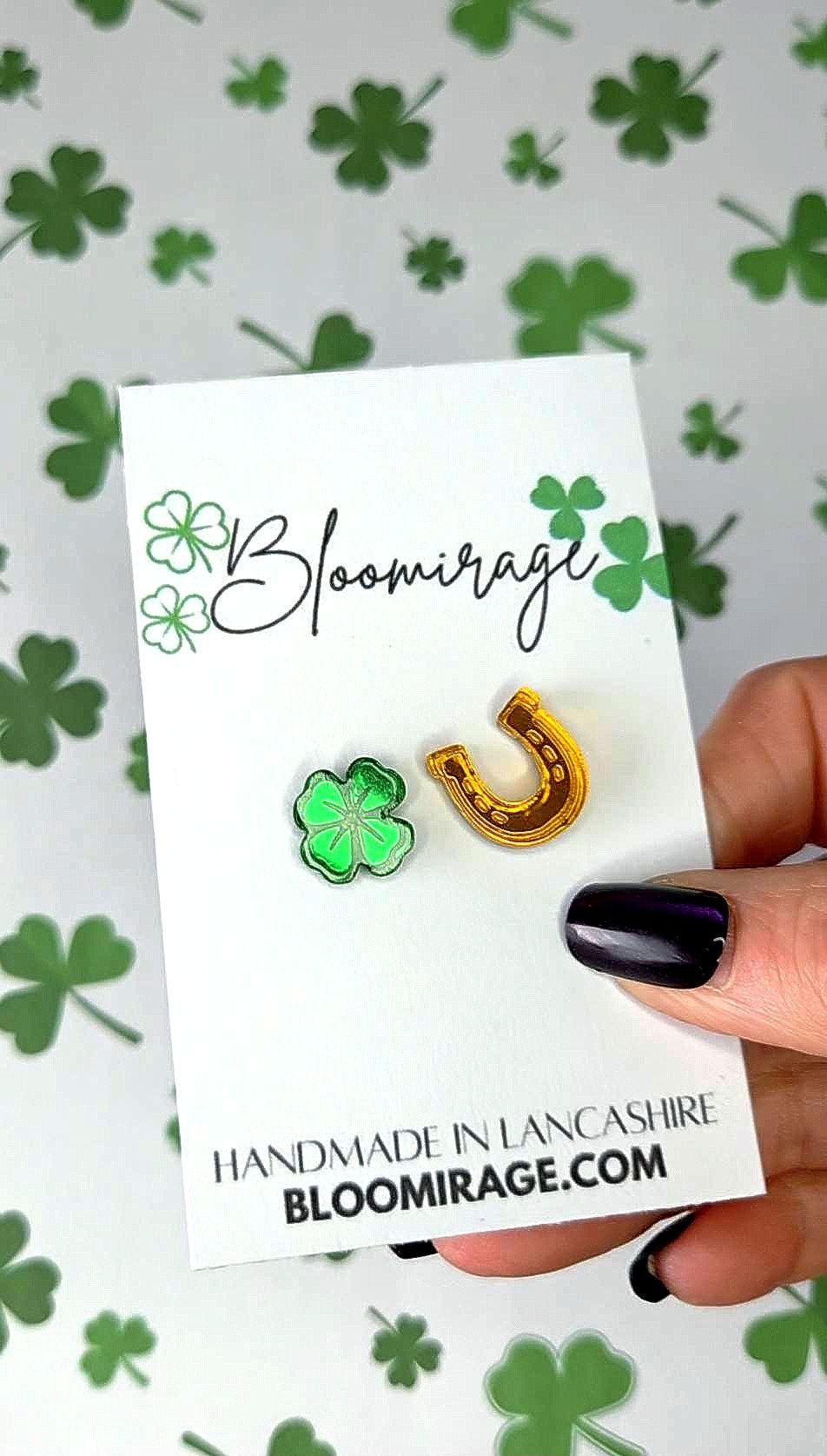 Shamrock & Lucky Horseshoe Mismatch Stud Earrings | St Patricks Day | Irish Theme | Handmade Jewellery