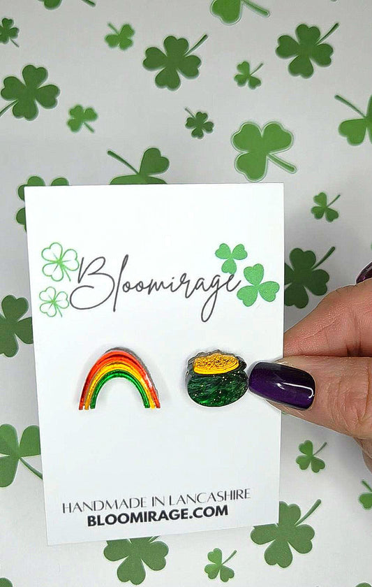 Pot of Gold & Rainbow Mismatch Stud Earrings | St Patricks Day | Irish Theme | Handmade Jewellery