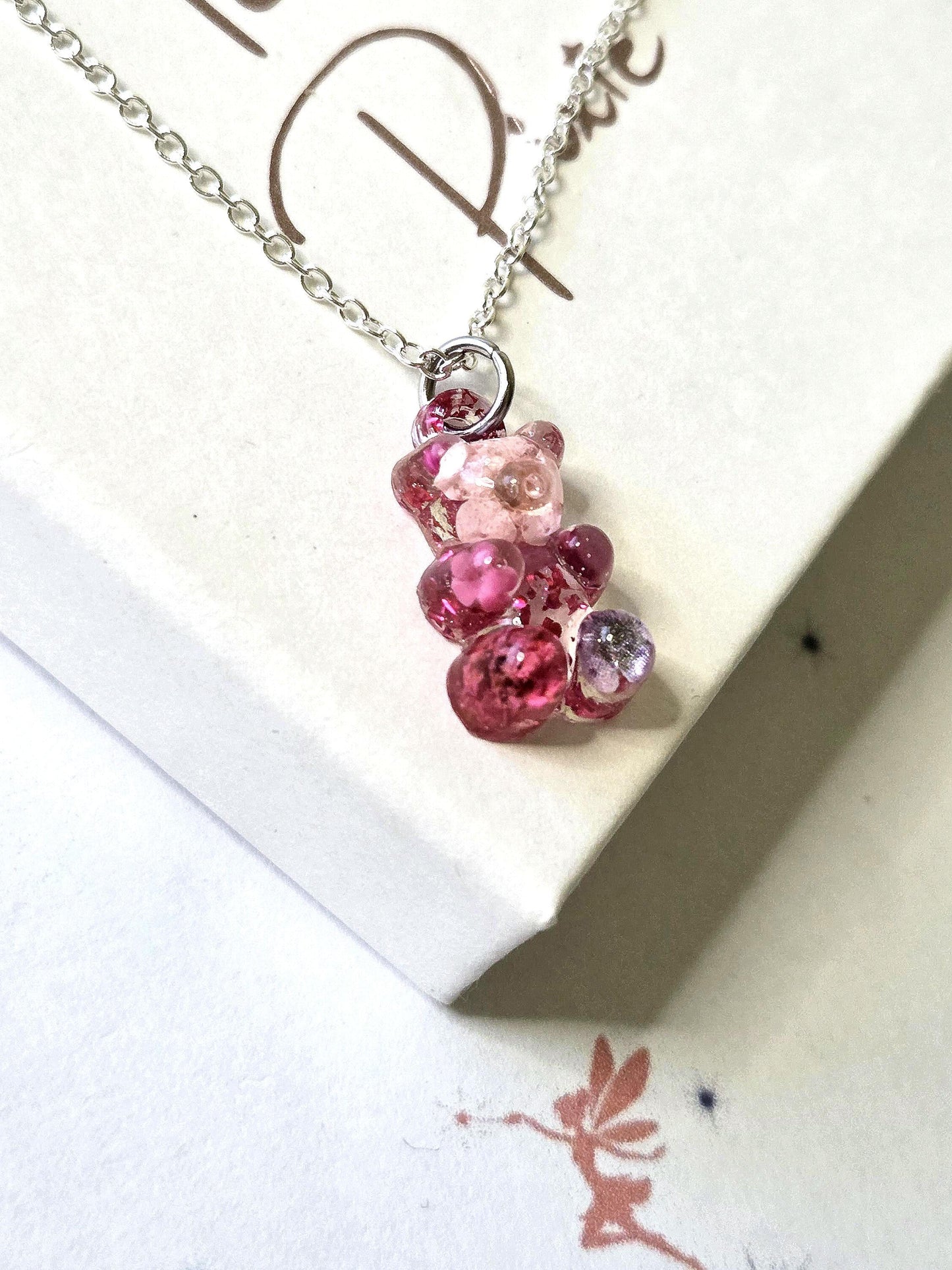 Kawaii Gummy Bear Necklace with Real Dried Flowers | Cute Resin Bear Pendant | Floral Resin Jewellery | Cottagecore Necklace| Handmade Gift