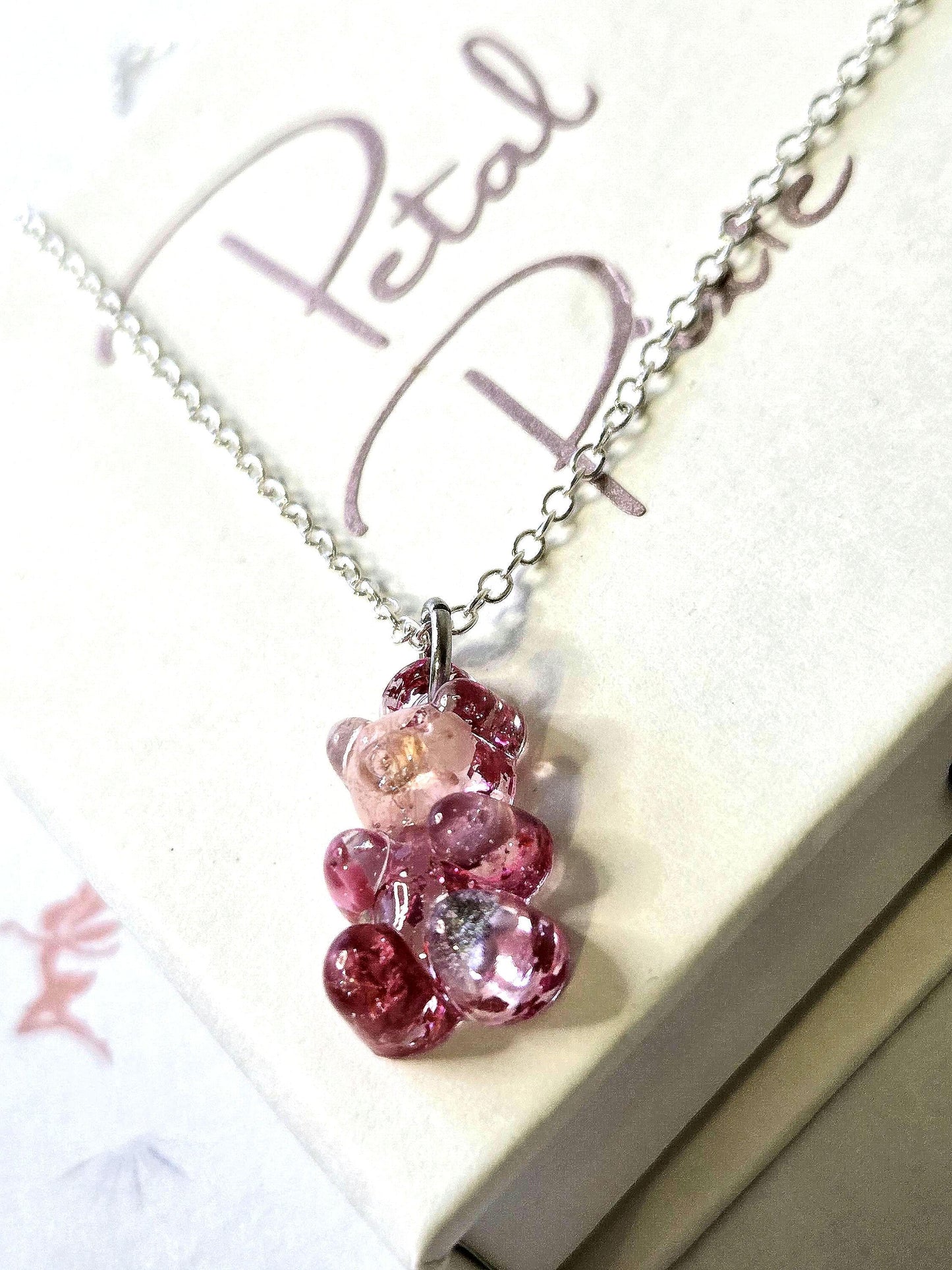 Kawaii Gummy Bear Necklace with Real Dried Flowers | Cute Resin Bear Pendant | Floral Resin Jewellery | Cottagecore Necklace| Handmade Gift