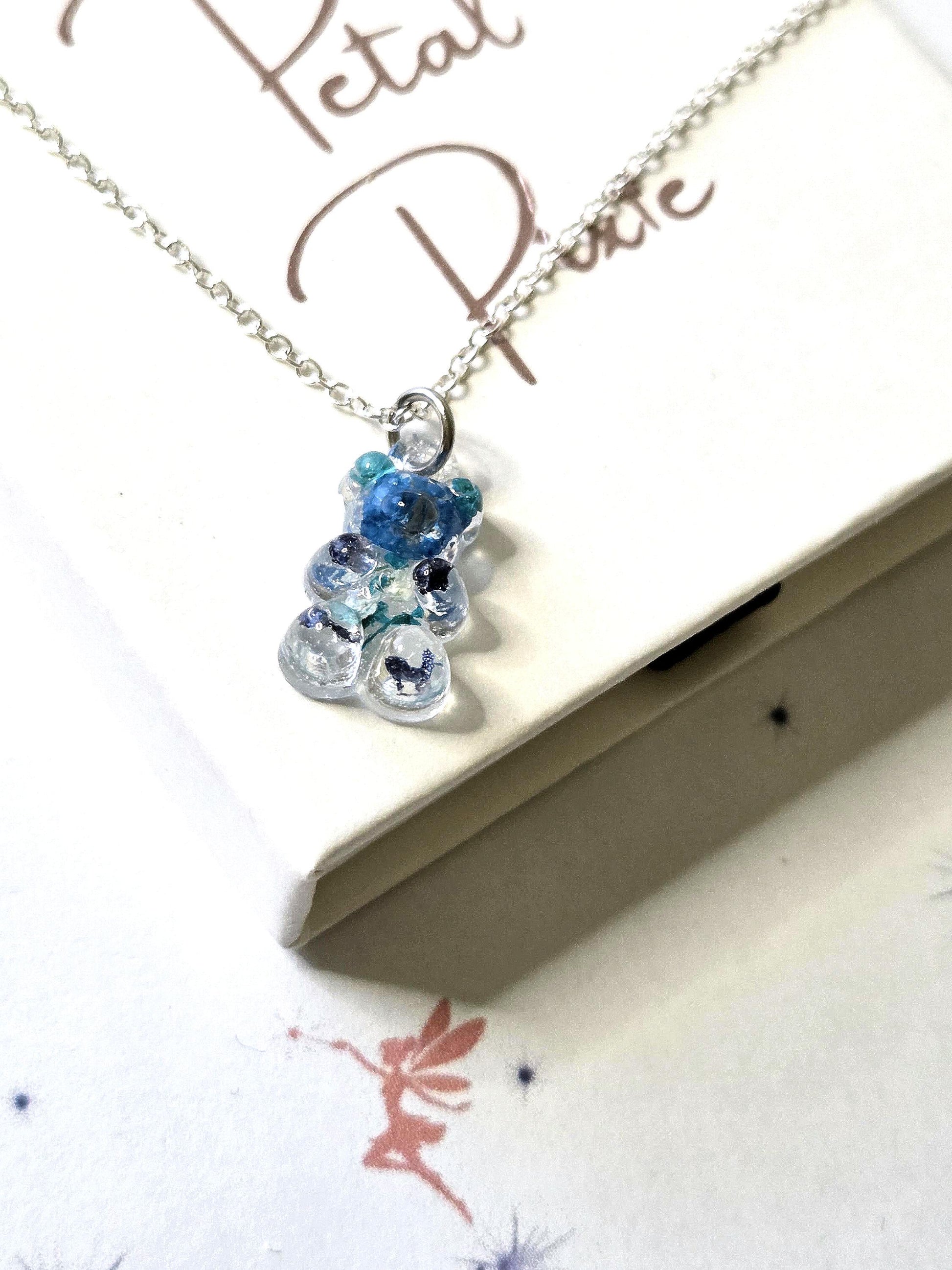 Blue Kawaii Gummy Bear Necklace with Real Dried Flowers | Cute Resin Bear Pendant | Floral Resin Jewellery | Cottagecore Necklace Gift