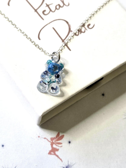 Blue Kawaii Gummy Bear Necklace with Real Dried Flowers | Cute Resin Bear Pendant | Floral Resin Jewellery | Cottagecore Necklace Gift
