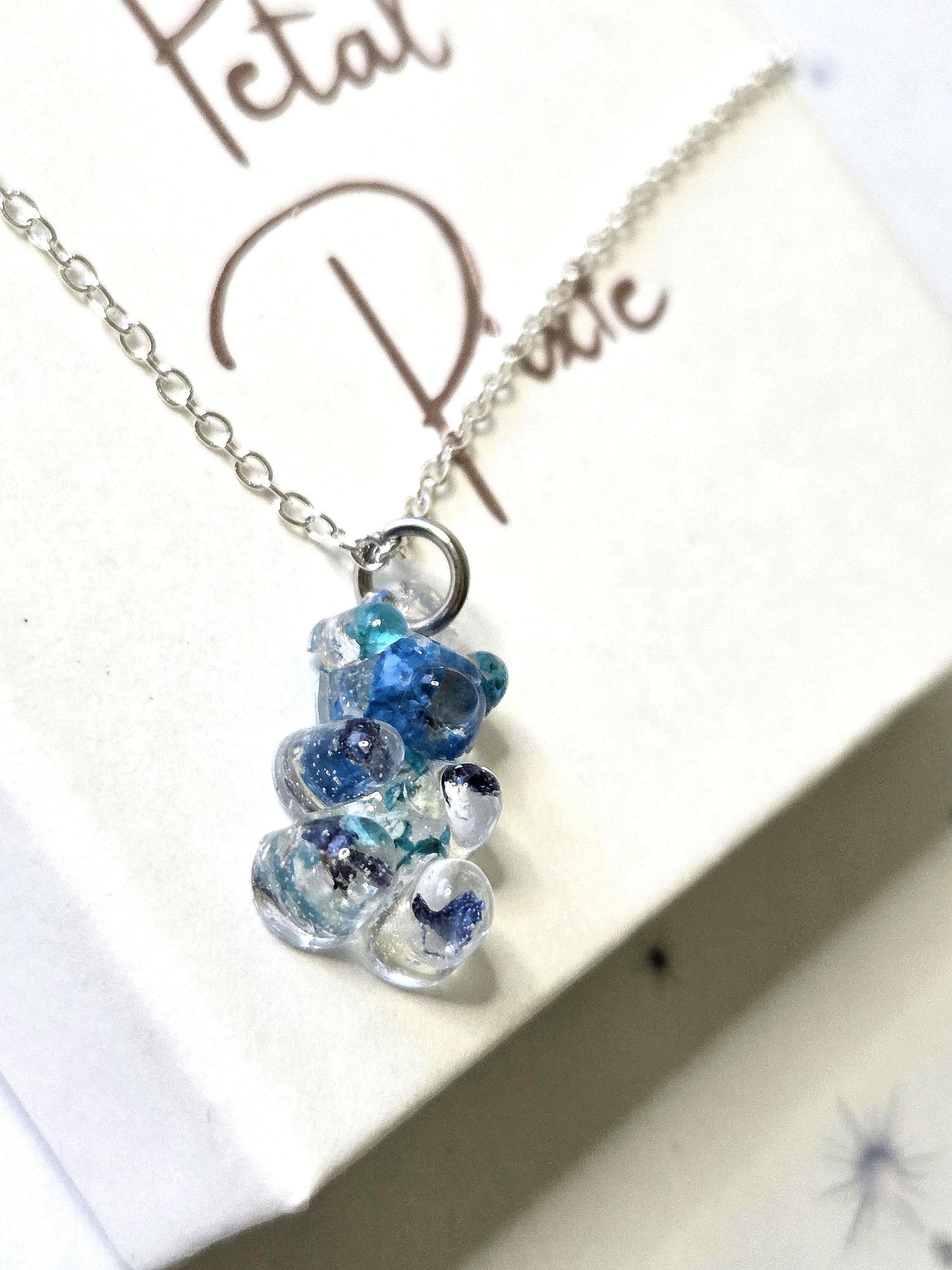 Blue Kawaii Gummy Bear Necklace with Real Dried Flowers | Cute Resin Bear Pendant | Floral Resin Jewellery | Cottagecore Necklace Gift