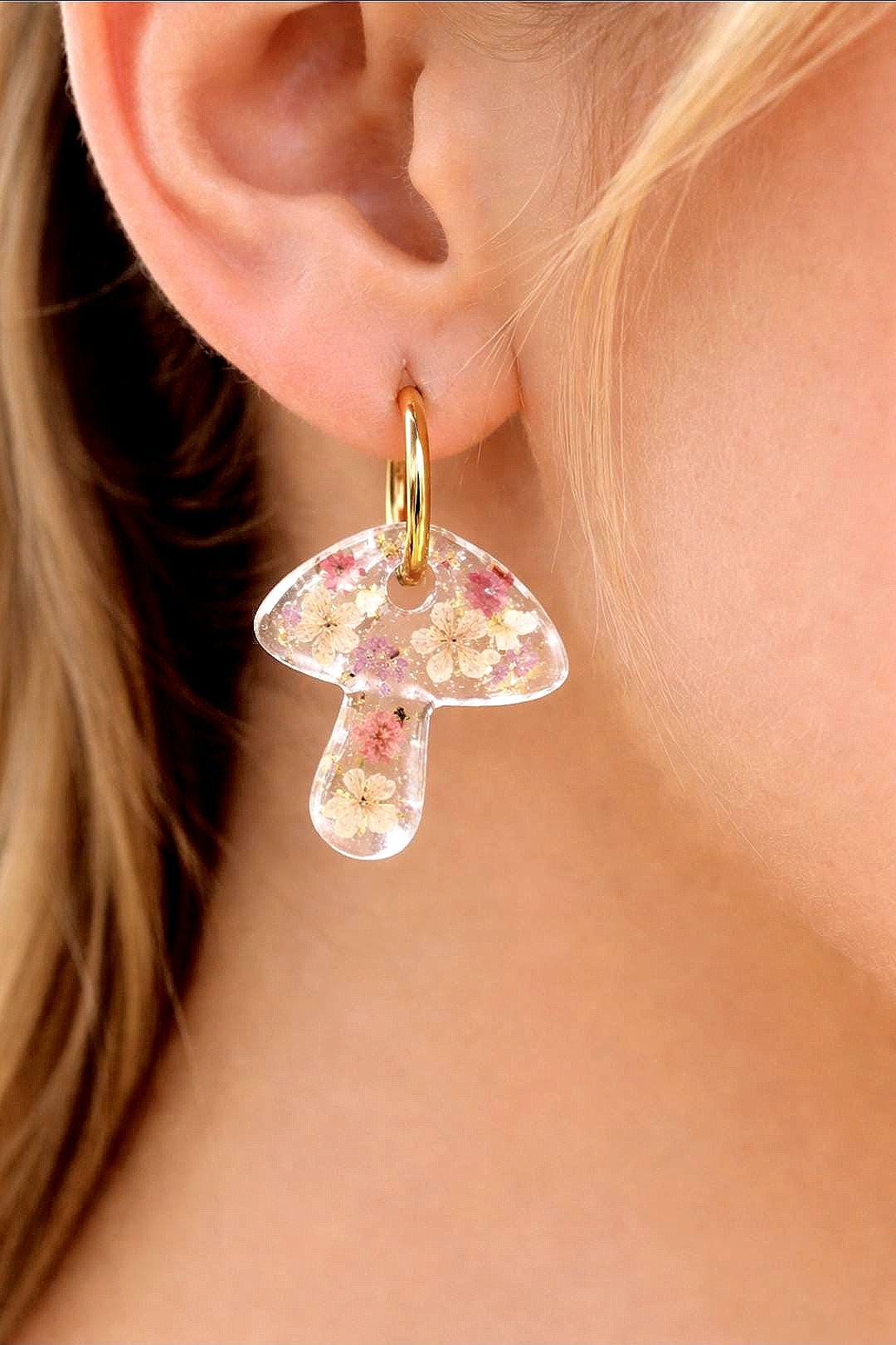 Enchanted Mushroom Resin Earrings | Real Preserved Flowers | Whimsical Magical Cottage Core Jewellery