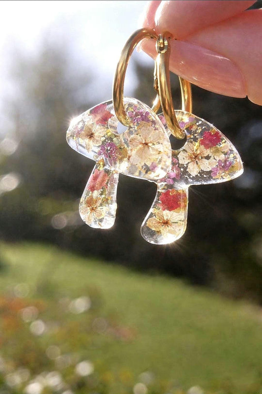 Enchanted Mushroom Resin Earrings | Real Preserved Flowers | Whimsical Magical Cottage Core Jewellery