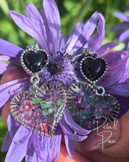 Enchanted Double Heart Resin Earrings | Real Pressed Flowers | Magical & Whimsical Cottage Core Jewellery