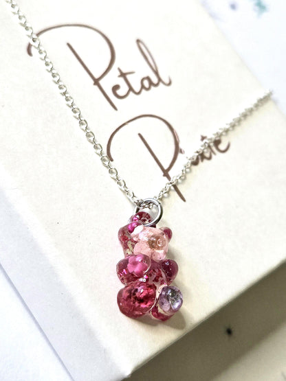 Kawaii Gummy Bear Necklace with Real Dried Flowers | Cute Resin Bear Pendant | Floral Resin Jewellery | Cottagecore Necklace| Handmade Gift
