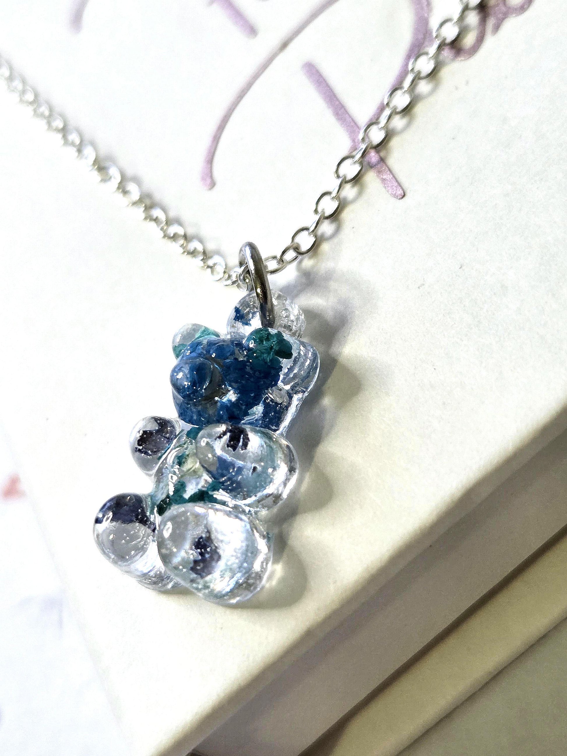 Blue Kawaii Gummy Bear Necklace with Real Dried Flowers | Cute Resin Bear Pendant | Floral Resin Jewellery | Cottagecore Necklace Gift