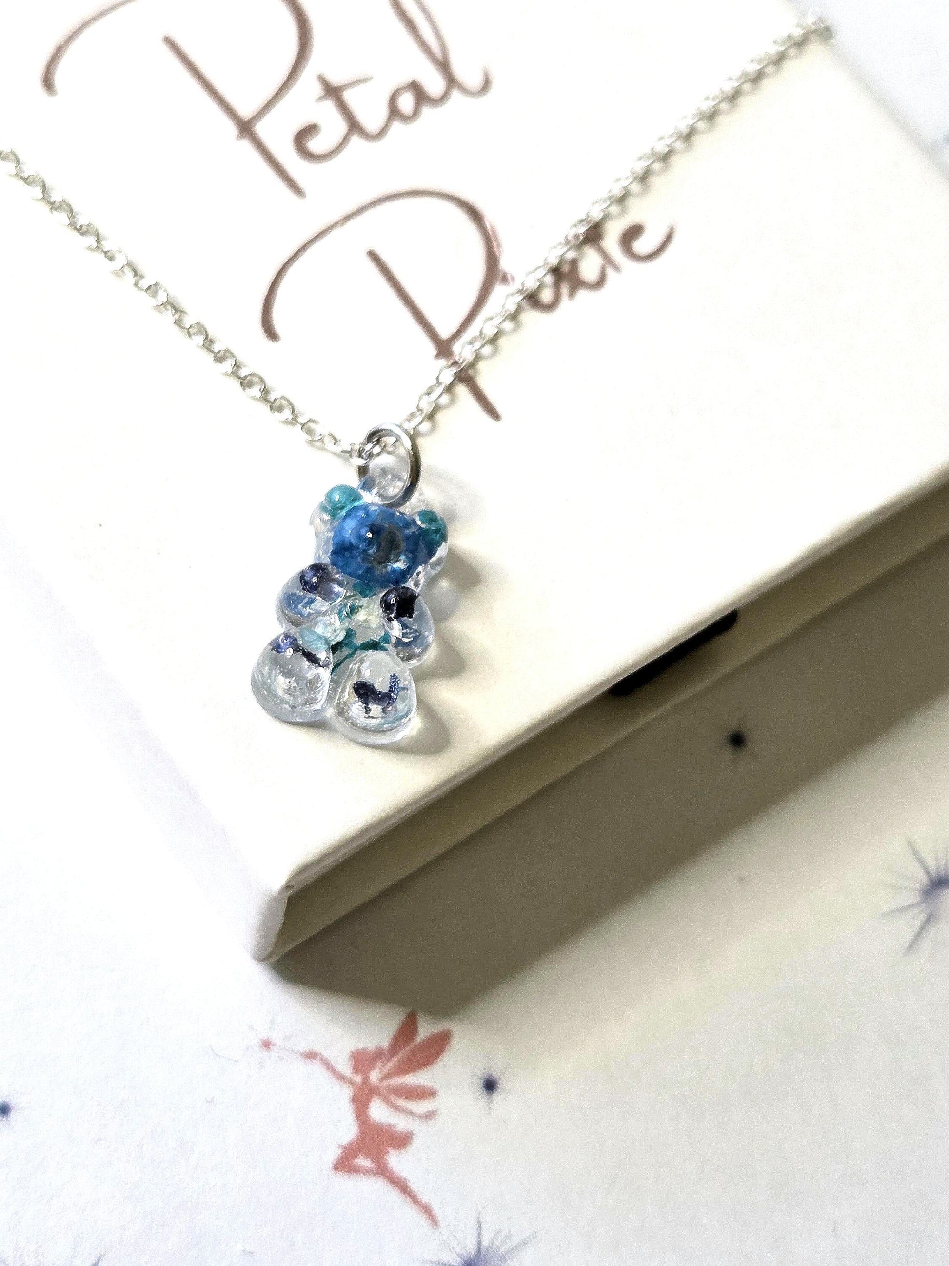 Blue Kawaii Gummy Bear Necklace with Real Dried Flowers | Cute Resin Bear Pendant | Floral Resin Jewellery | Cottagecore Necklace Gift