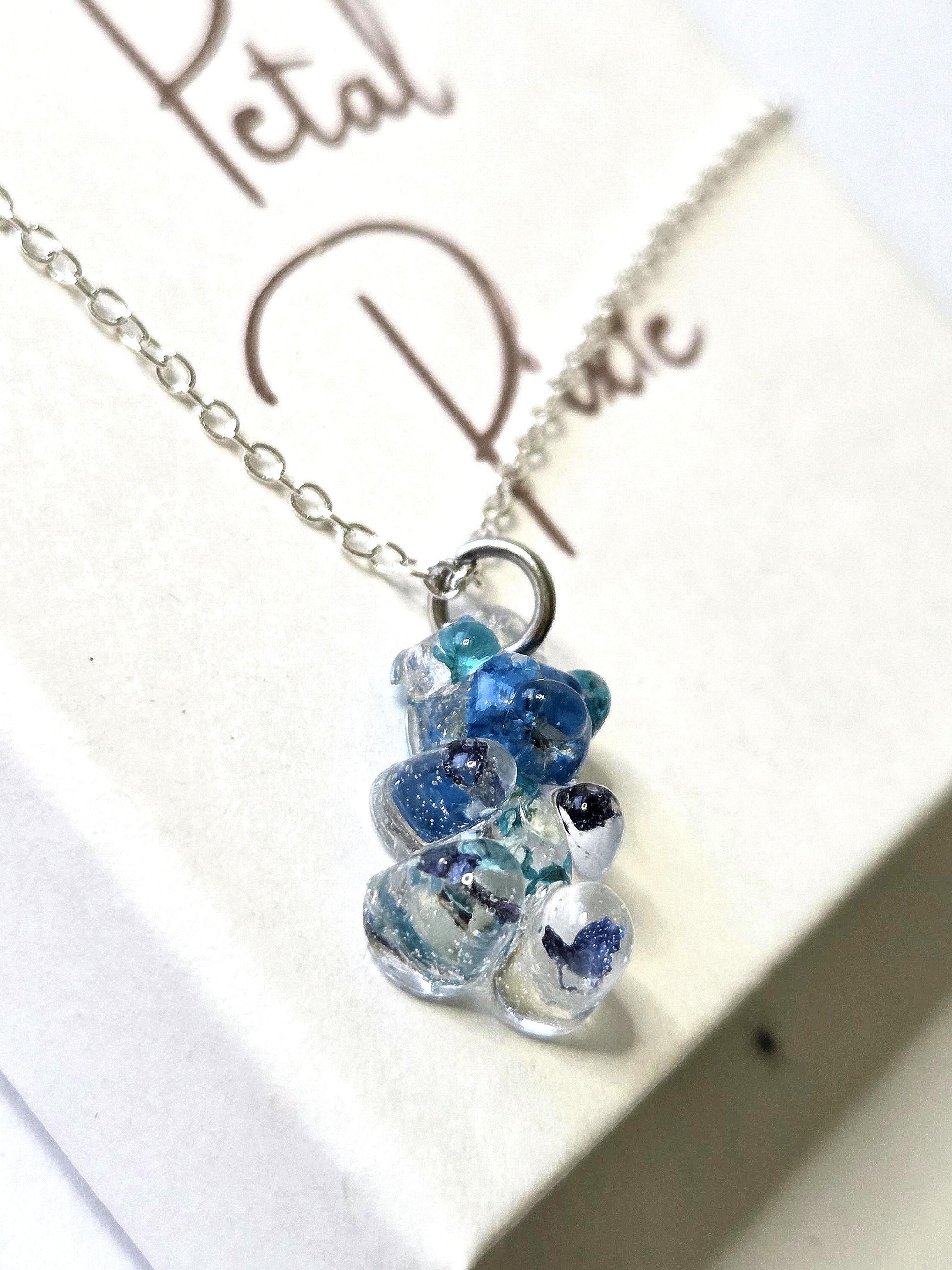 Blue Kawaii Gummy Bear Necklace with Real Dried Flowers | Cute Resin Bear Pendant | Floral Resin Jewellery | Cottagecore Necklace Gift