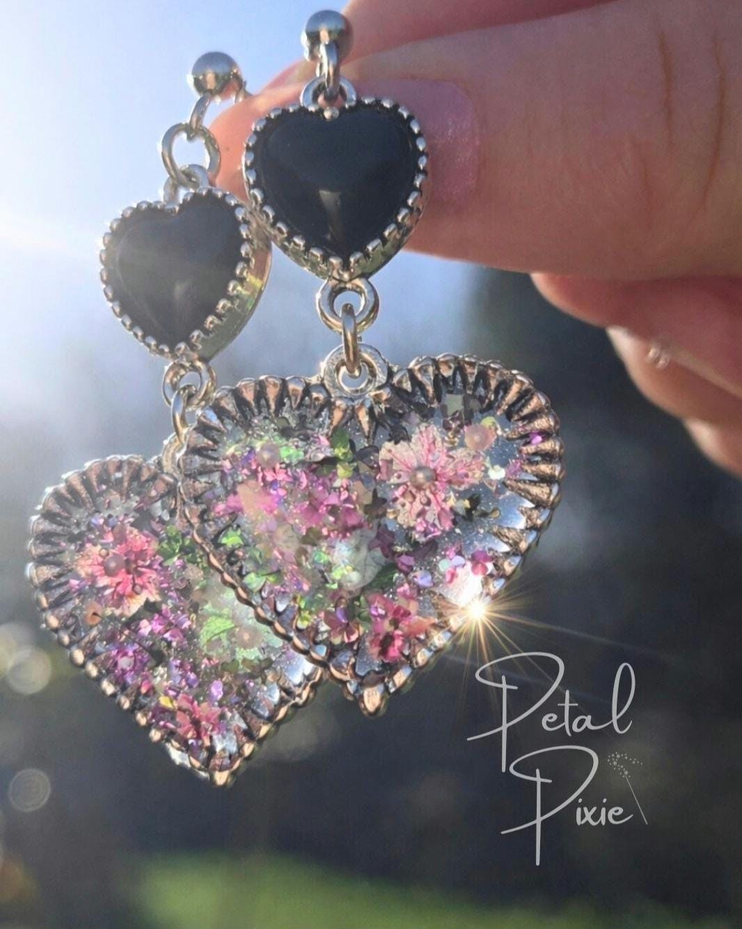 Enchanted Double Heart Resin Earrings | Real Pressed Flowers | Magical & Whimsical Cottage Core Jewellery