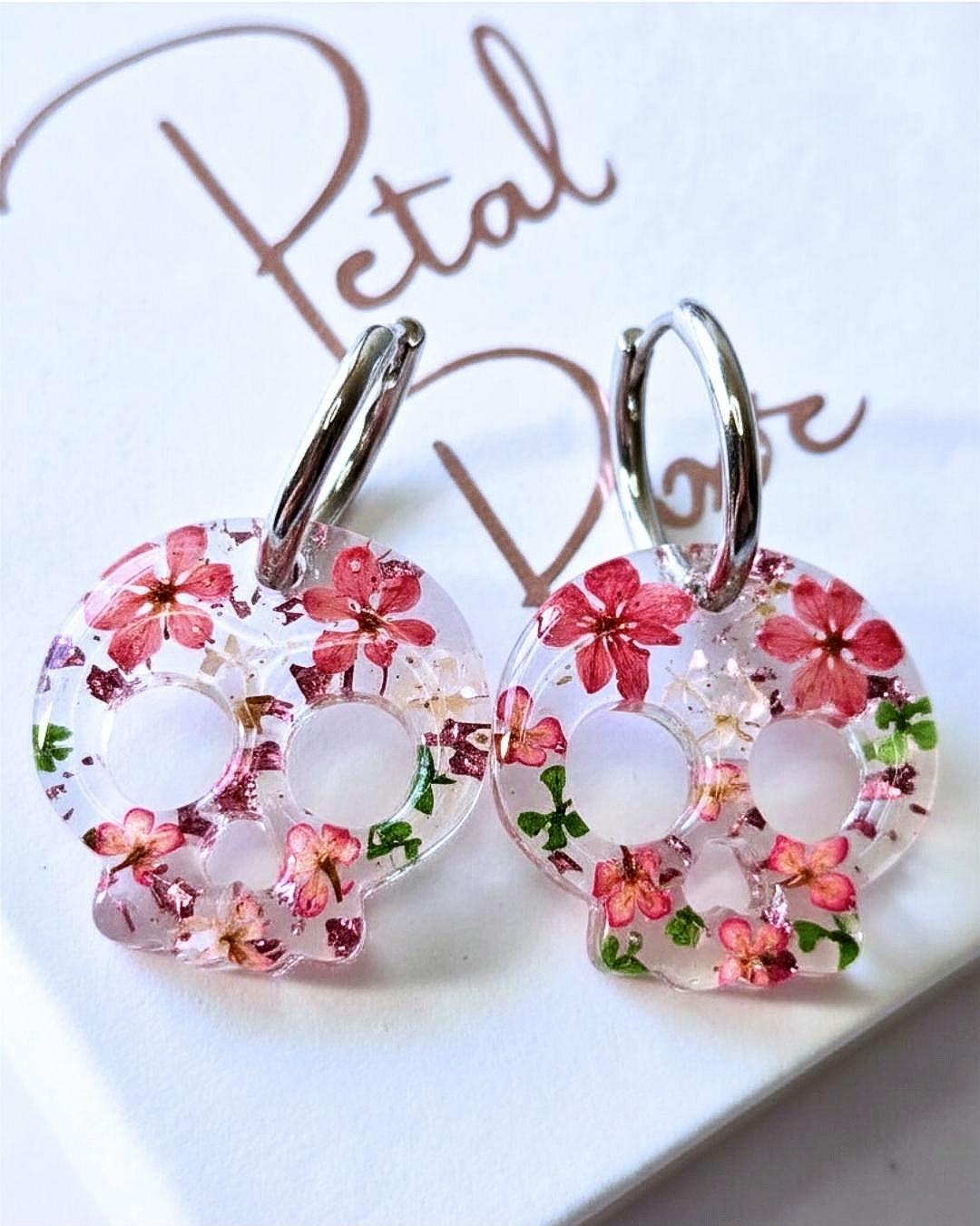 Skull Hoop Resin Earrings | Real Pressed Flowers | Whimsy Botanical Jewelry | Gift for her | Pink & Green