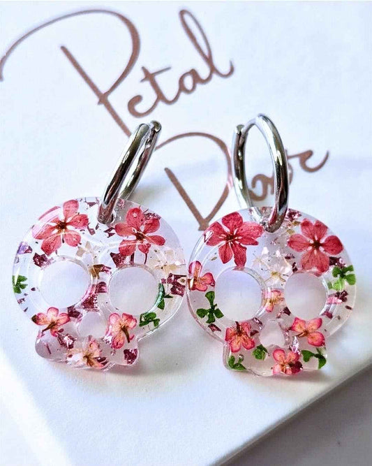 Pink Skull Real Flower Resin Hoop Earrings
