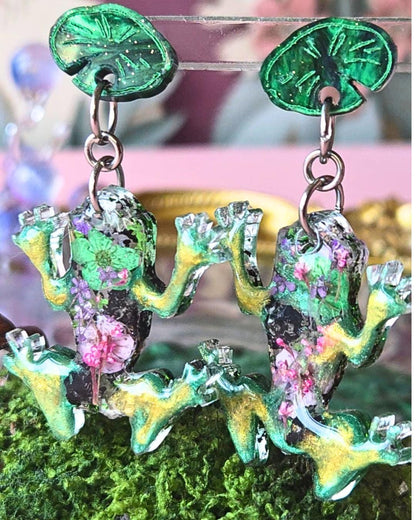Real Flower Frog Drop Stud Earrings | Whimsical Jewellery |
