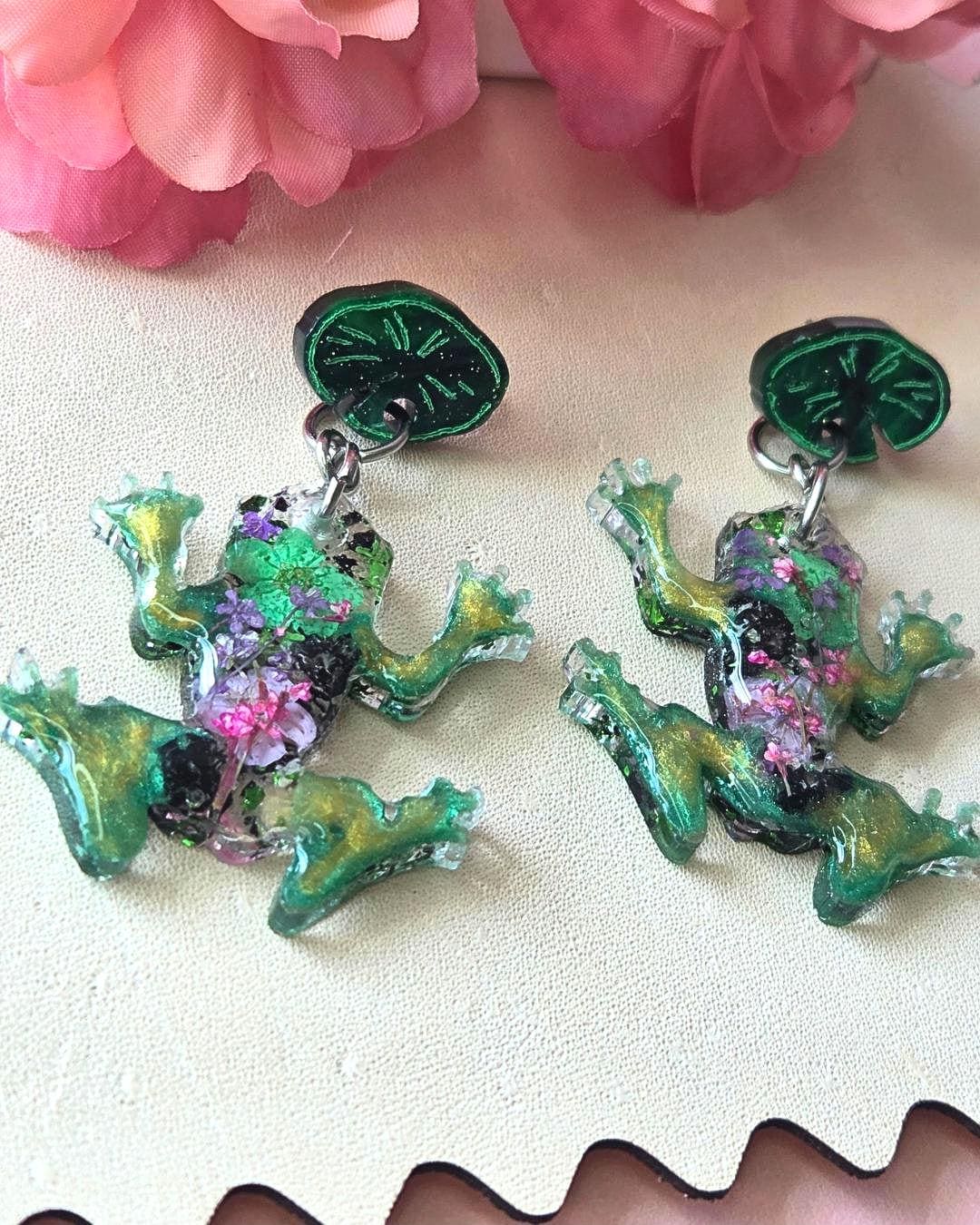 Real Flower Frog Drop Stud Earrings | Whimsical Jewellery |