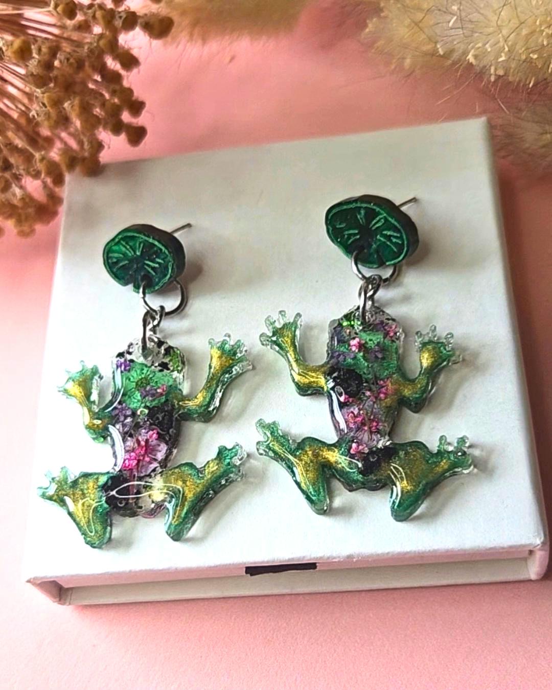 Real Flower Frog Drop Stud Earrings | Whimsical Jewellery |