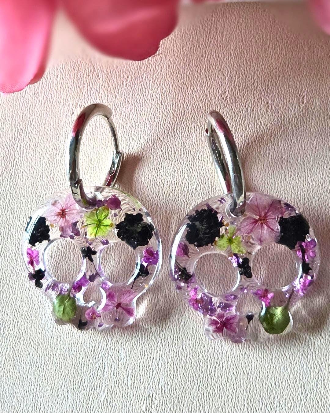 Skull Hoop Resin Earrings | Real Pressed Flowers | Whimsy Botanical Jewelry | Gift for her | Purple