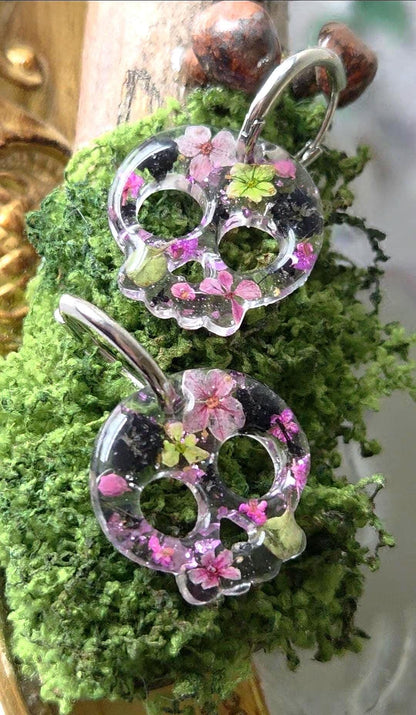 Skull Hoop Resin Earrings | Real Pressed Flowers | Whimsy Botanical Jewelry | Gift for her | Purple