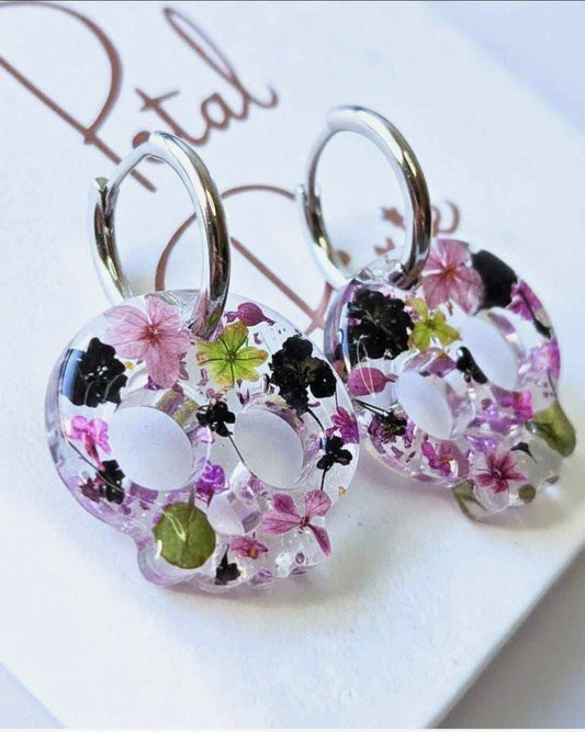 Purple Skull Real Flowers Resin Hoop Earrings