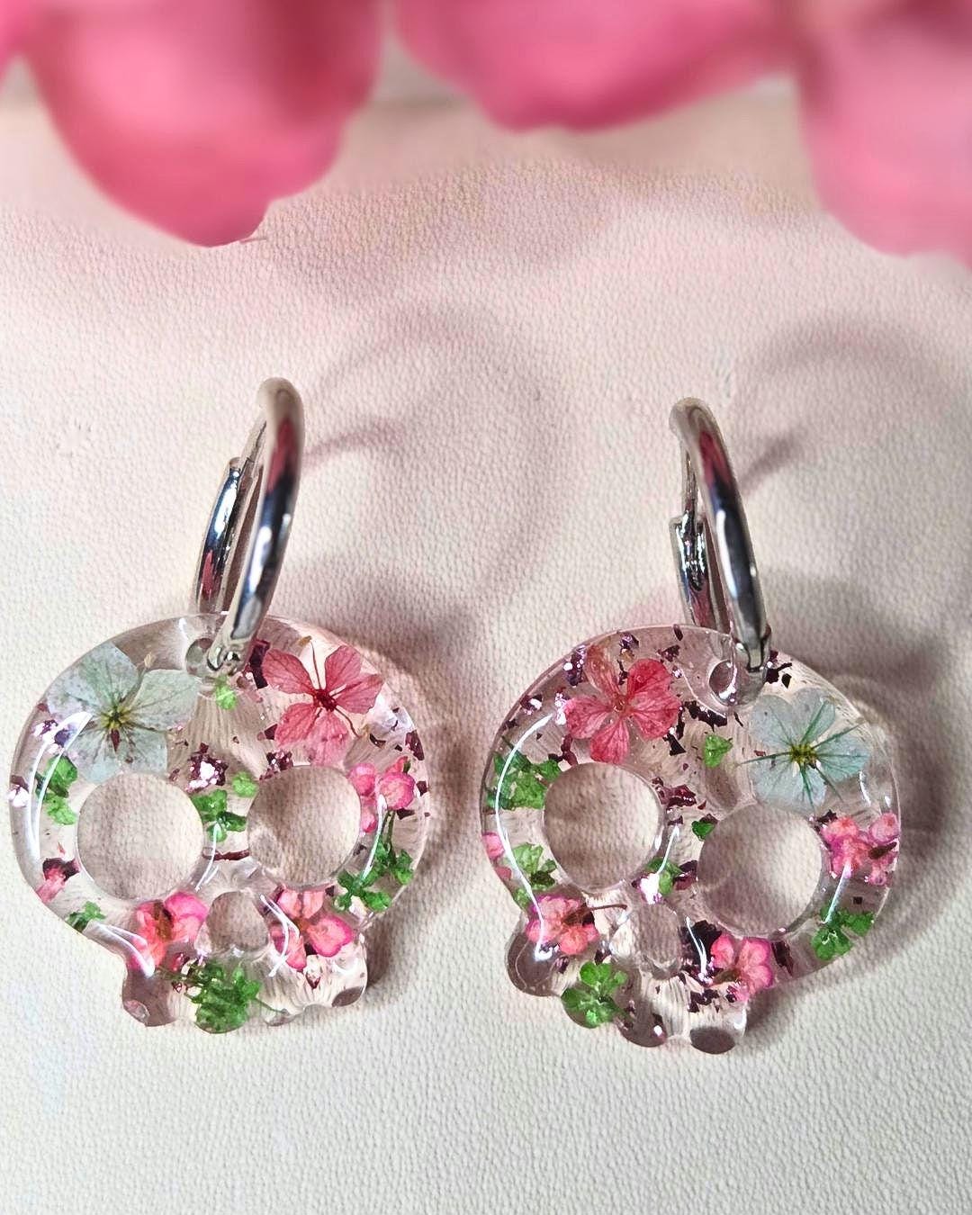 Skull Hoop Resin Earrings | Real Pressed Flowers | Whimsy Botanical Jewelry | Gift for her | Pink & Green