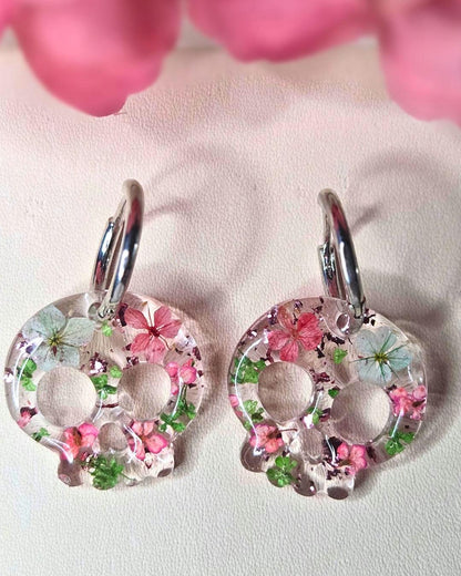Skull Hoop Resin Earrings | Real Pressed Flowers | Whimsy Botanical Jewelry | Gift for her | Pink & Green