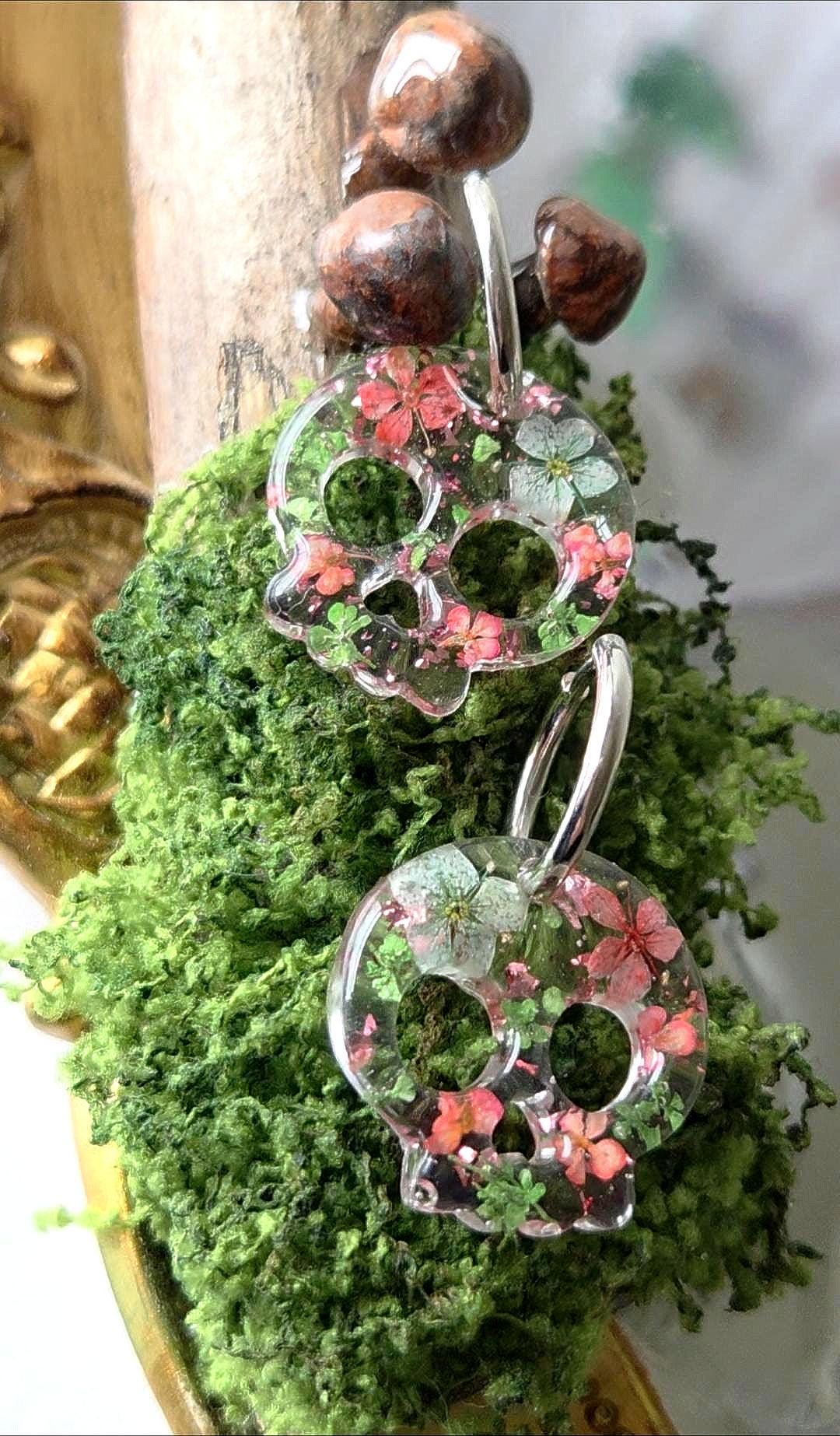 Skull Hoop Resin Earrings | Real Pressed Flowers | Whimsy Botanical Jewelry | Gift for her | Pink & Green