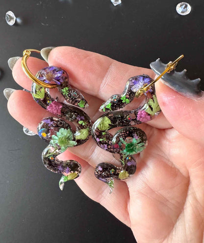 Snake Resin Hoop Earrings | Amethyst Coloured Gems with Green and Purple Flowers |Magical Jewellery | Real Botanicals and Lace