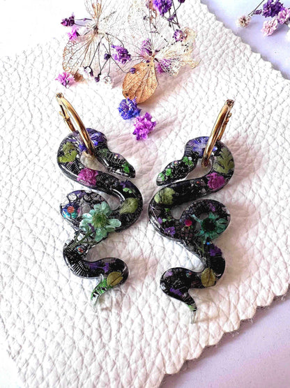 Snake Resin Hoop Earrings | Amethyst Coloured Gems with Green and Purple Flowers |Magical Jewellery | Real Botanicals and Lace
