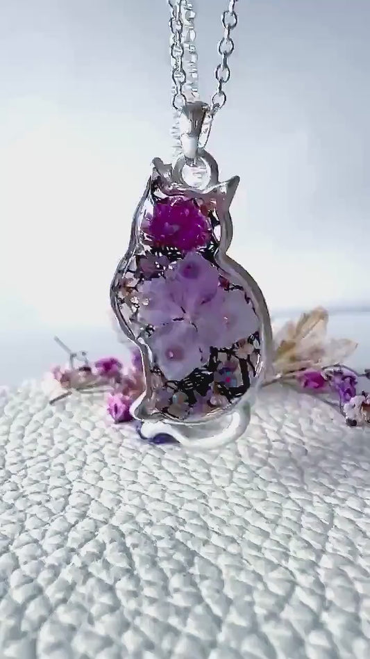 Crystal Cat Pendant Necklace | Silver Plated Real Hydrangea and Crystals | Botanical Resin Jewellery Gift