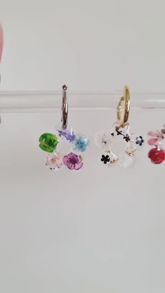 Daisy Hoop Earrings | Black &Gold with Pearl | Real Pressed Flowers | Whimsical Botanical Jewellery