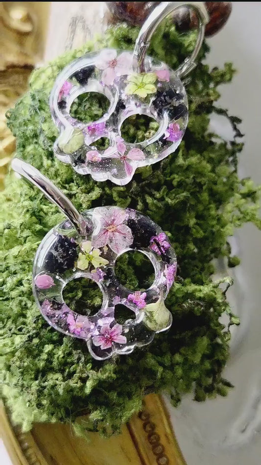 Skull Resin Real Flower Hoop Earrings - Unique Whimsy with a Spooky Twist