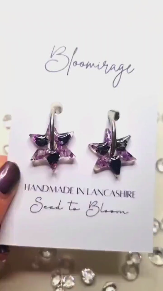 Spinning Star Hoop Earrings | Purple & Black | Fidget Jewellery | Gift for Her