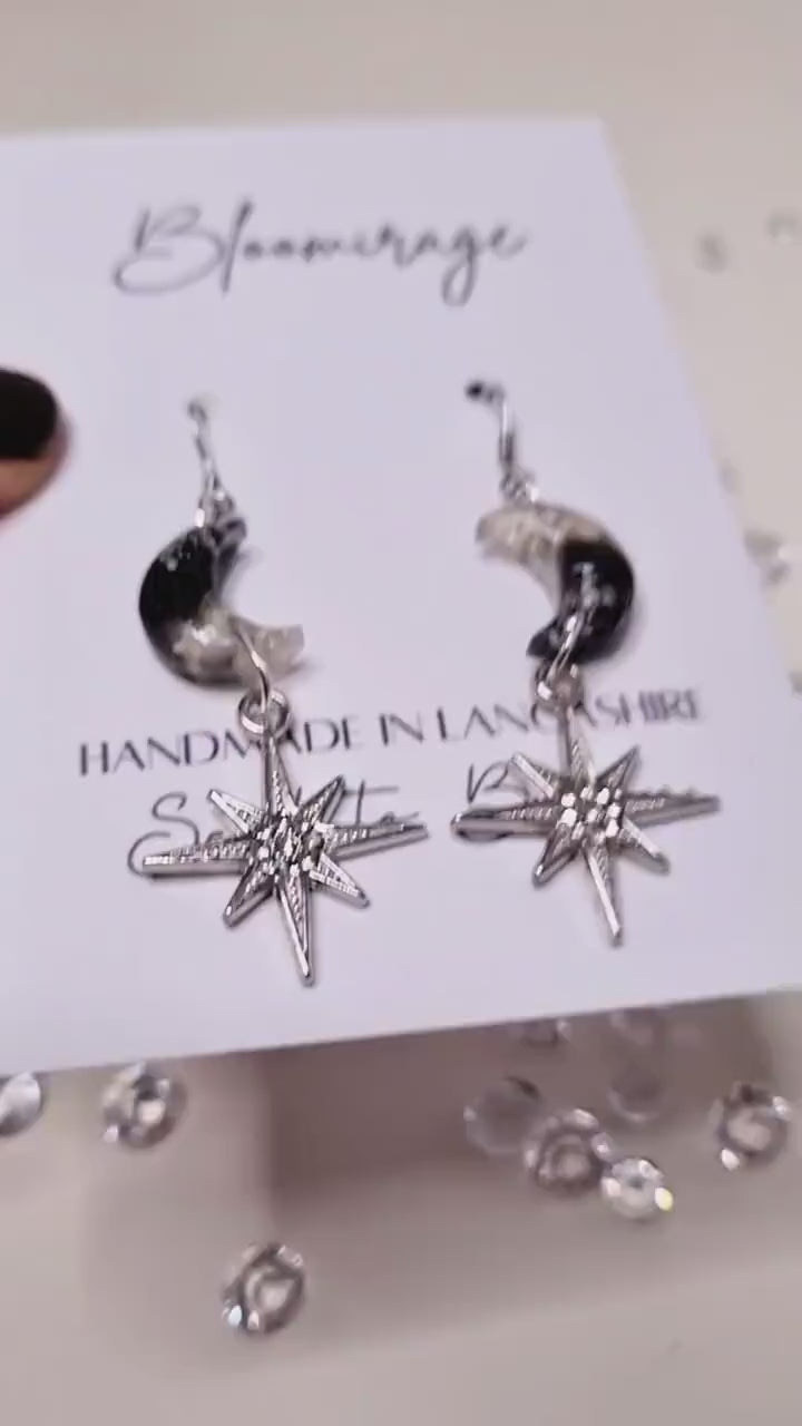 Moon & Stars Drop Earrings | Real Pressed Flowers | Whimsical Botanical Jewelry | Fairytale Gift