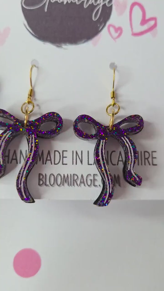 Purple Glitter Bow Earrings – Lightweight Iridescent Drops, Hypoallergenic