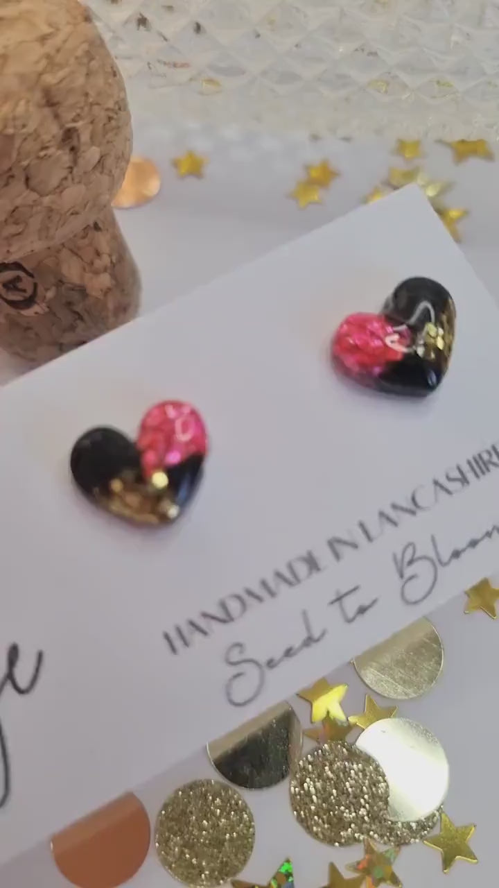 Pink & Gold Heart Stud Earrings | Handmade Hypoallergenic Jewellery