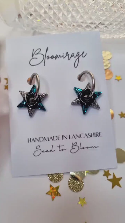 Spinning Star Hoop Earrings | Teal, Silver & Black | Glitter party jewellery