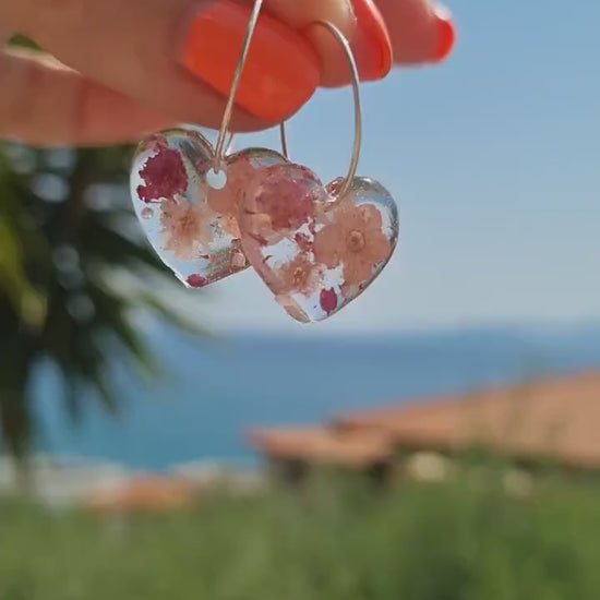 Pink Heart Hoop Earrings | Real Pressed Flower Botanical Jewelry | Meaningful Gift for her