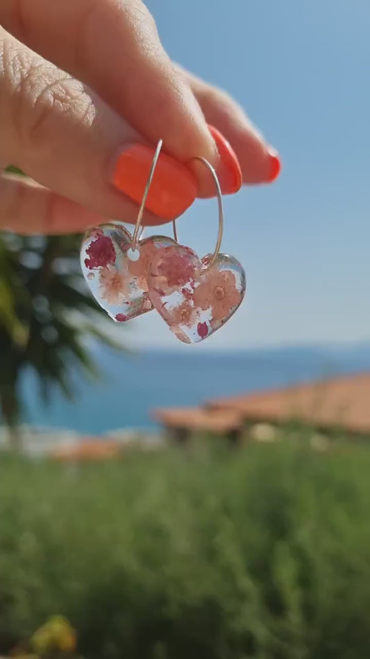 Pink Heart Hoop Earrings | Real Pressed Flower Botanical Jewelry | Meaningful Gift for her