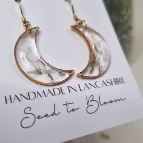 Moon Dandelion Seed Wish Earrings | Whimsical Botanical Jewelry | Fairytale Gift | Gold Moon Bezel Set
