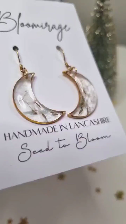 Moon Dandelion Seed Wish Earrings | Whimsical Botanical Jewelry | Fairytale Gift | Gold Moon Bezel Set